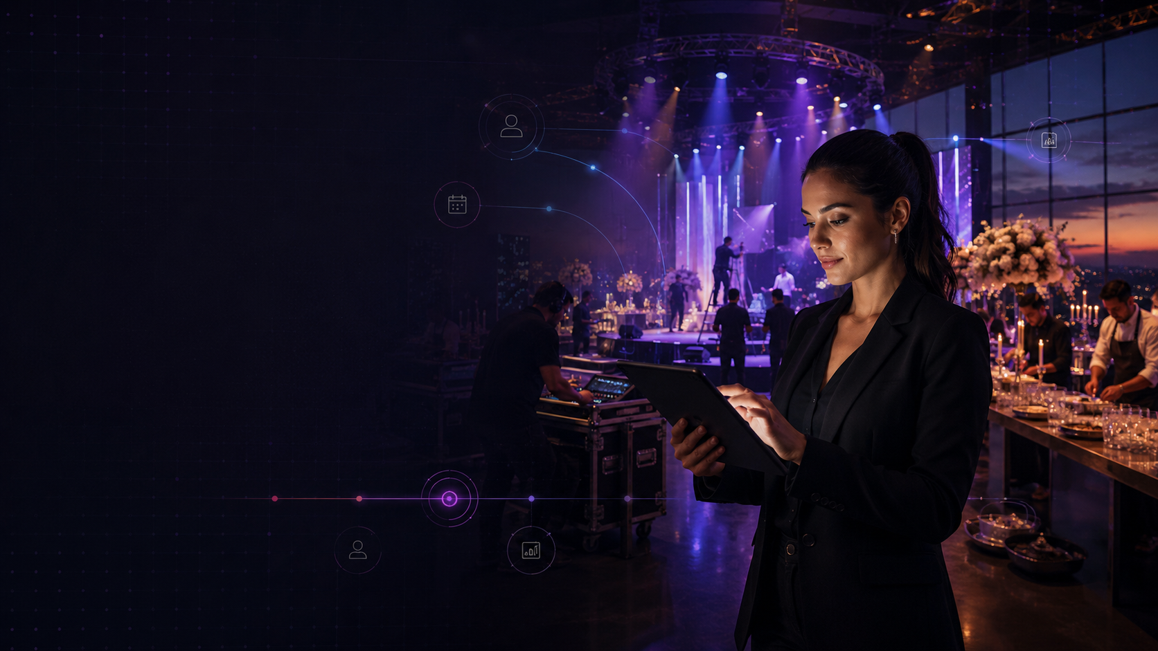 Productora de eventos coordinando el montaje de un escenario desde una tableta